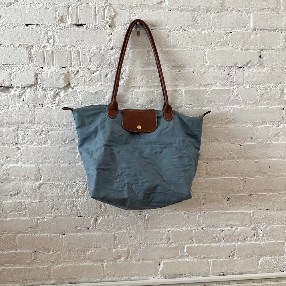 Longchamp Blue Tote with Brown Handles